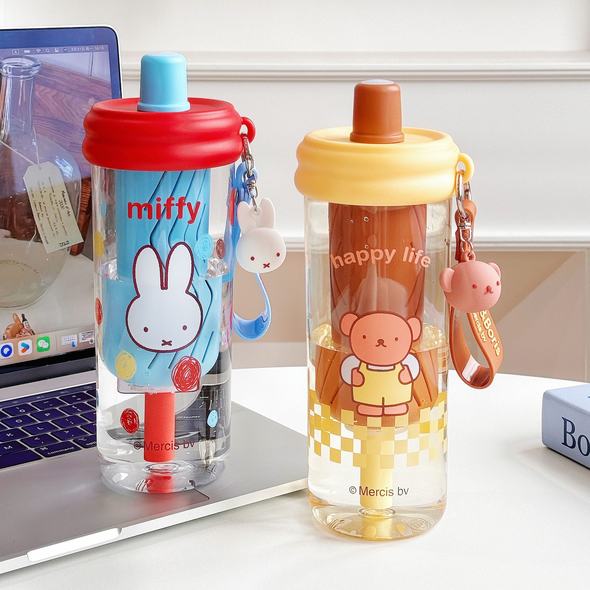 The new Miffy Rabbit plastic straw cup, cartoon tritan water cup, student high appearance level, tea-water separation dual-drinking cup pic 14