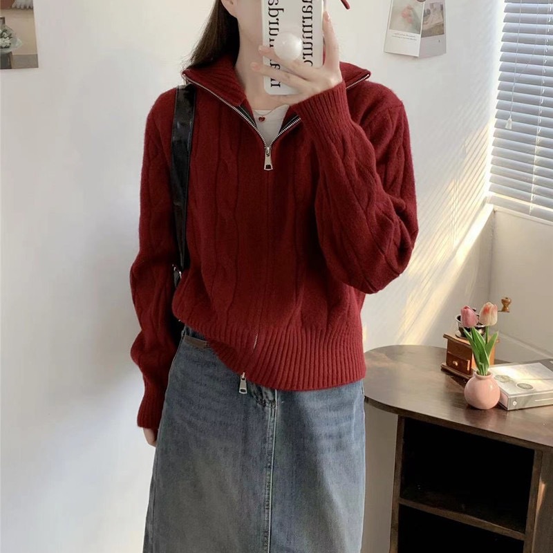 Solid-color casual double-zipper twisted knit cardigan coat, fashionable and versatile, new autumn and winter style sweater top for women pic 27