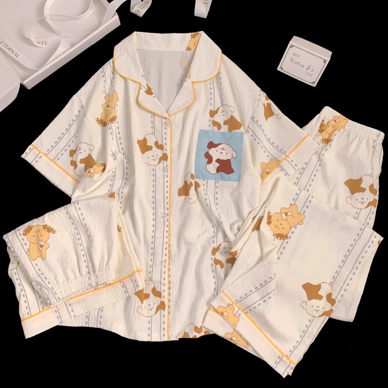 可爱小狗睡衣女款夏季云朵棉短袖短裤三件套少女休闲可外穿家居服详情36