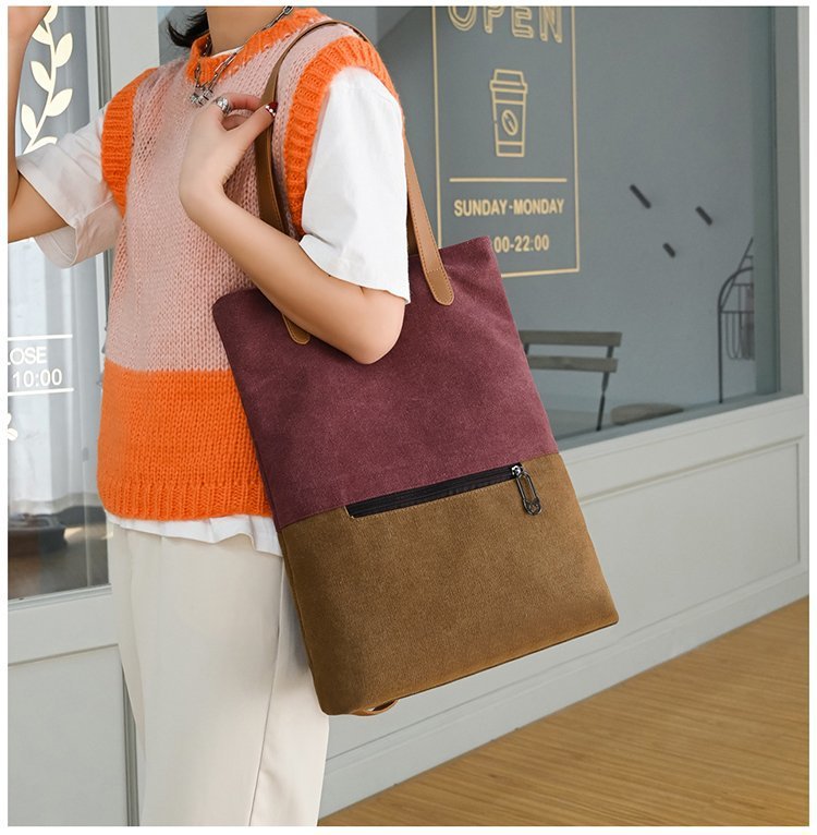 新款撞色复古帆布包简约女休闲包大容量单肩斜跨包时尚潮流手提包详情16