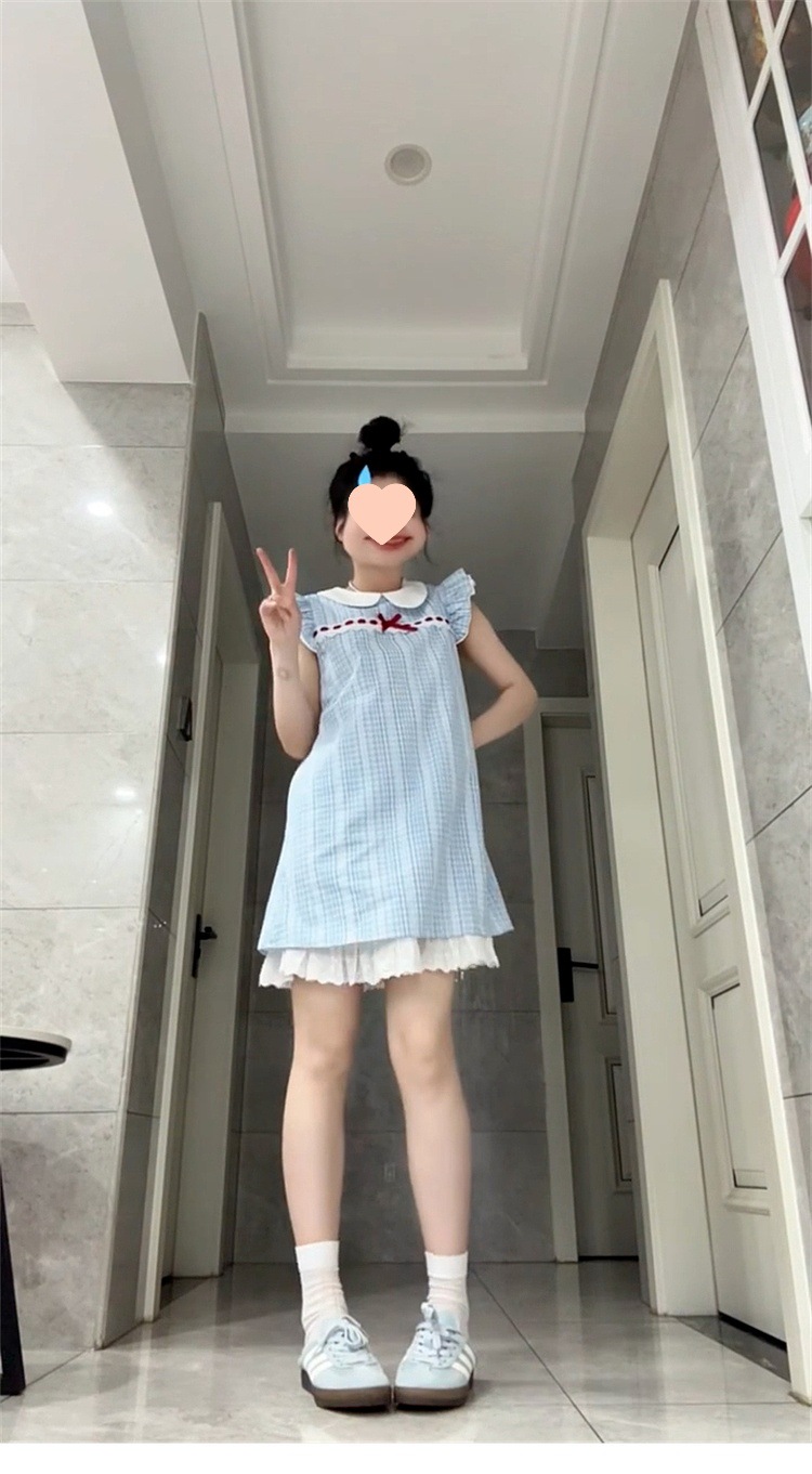 法式娃娃领蓝色小飞袖格子连衣裙子女夏季2025年新款气质公主短裙详情4