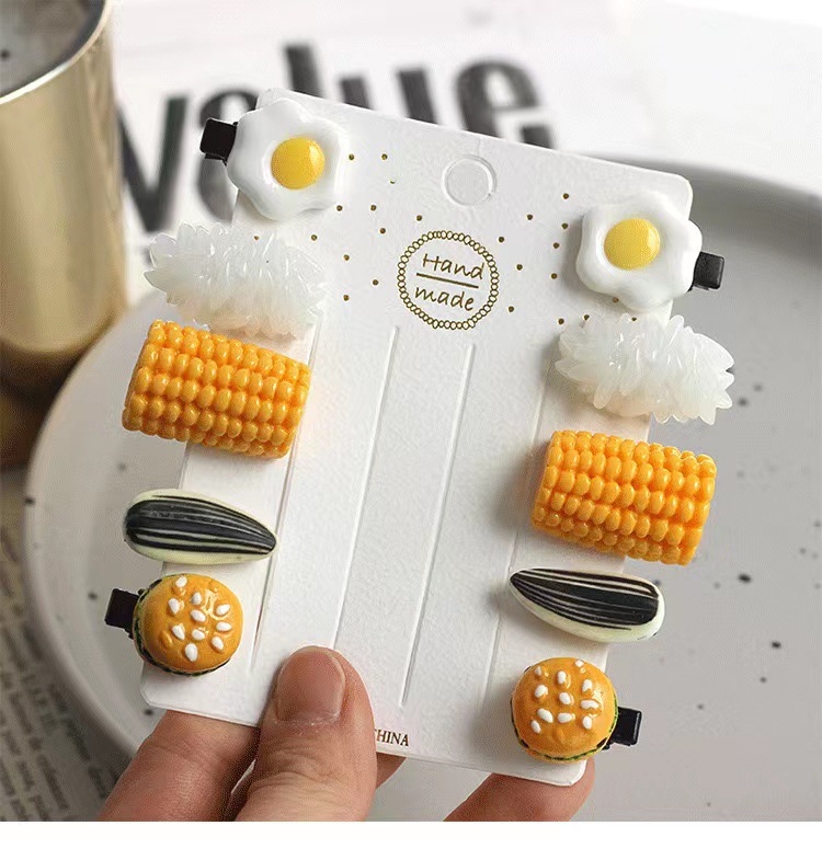 Super cute simulation food mini clips, strange hair clips, funny food, rice, poached eggs, corn and melon seed clips pic 1