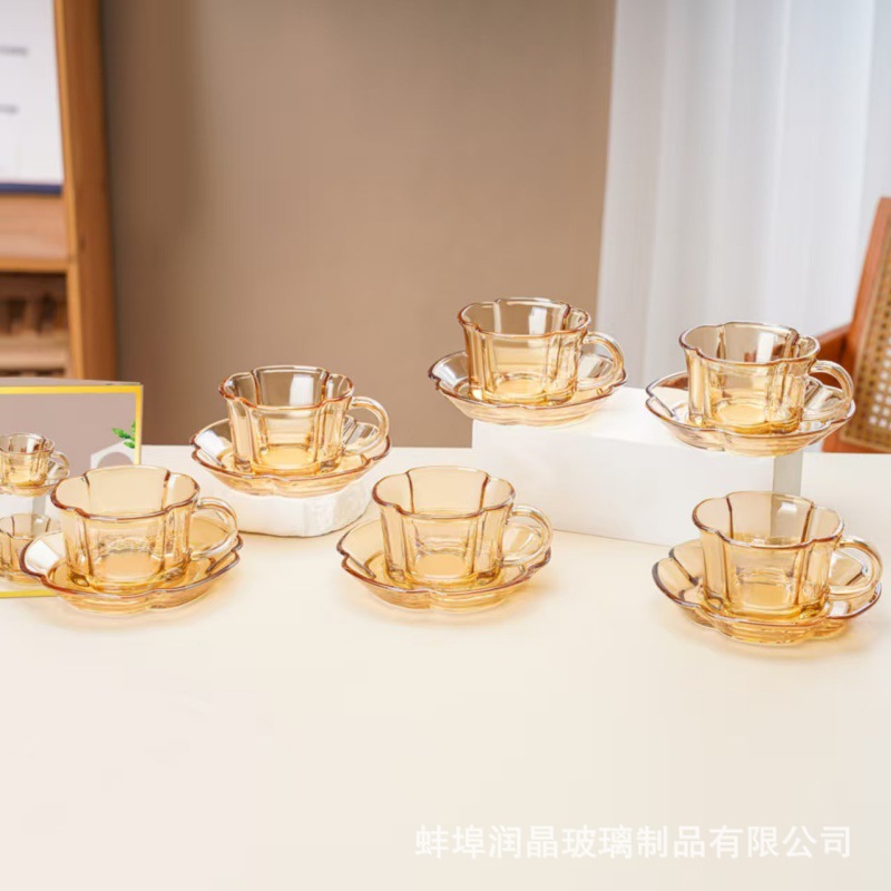 梅花玻璃杯六件套家用耐高温奶杯杯子加厚透明咖啡杯碟套装随手礼详情4