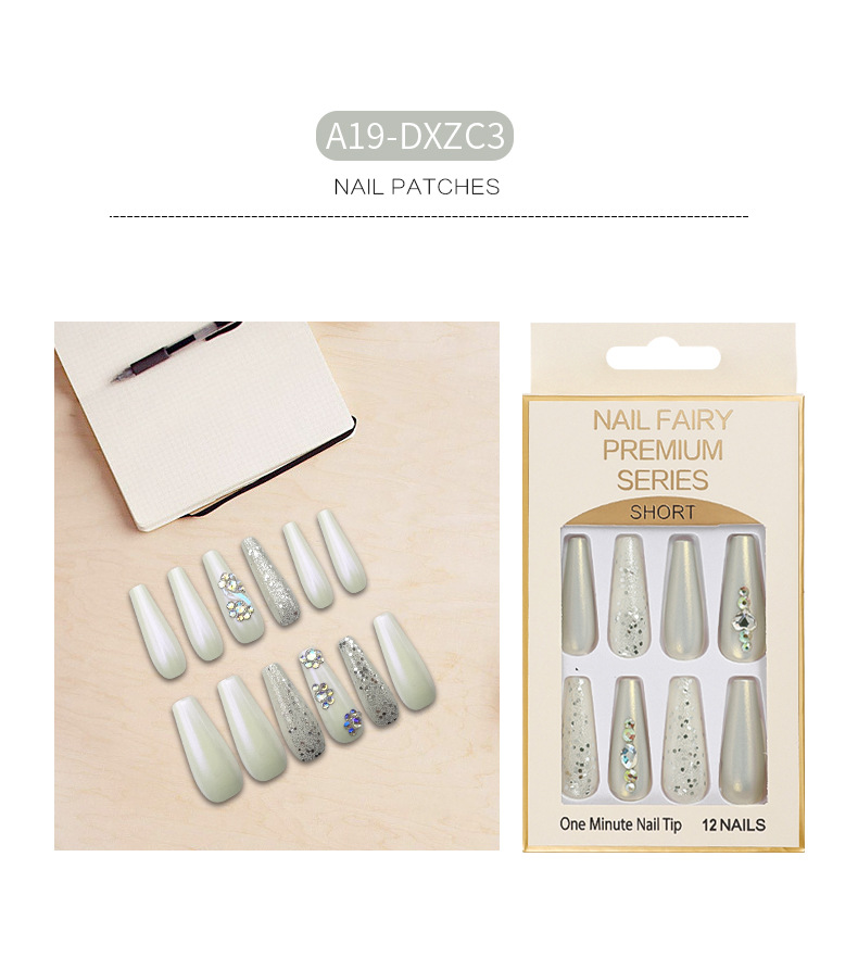 Cross-border long T-shaped false nail, glitter and sequin nail art, colorful artificial rhine-dotted ballet nail, wearable nail wholesale pic 1