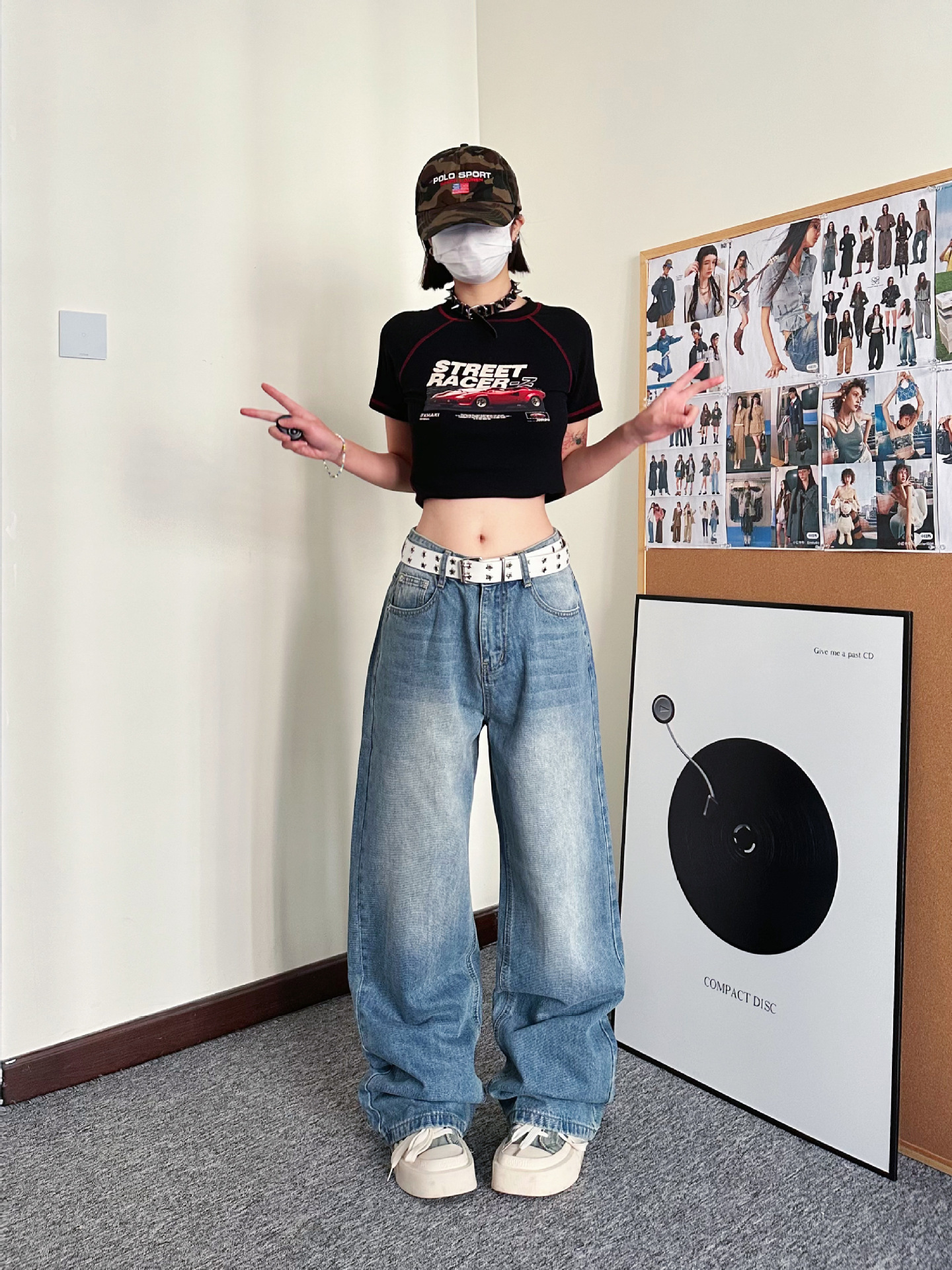 carmour|韩版复古中腰牛仔裤男女浅蓝色水洗设计感宽松直筒阔腿裤详情4