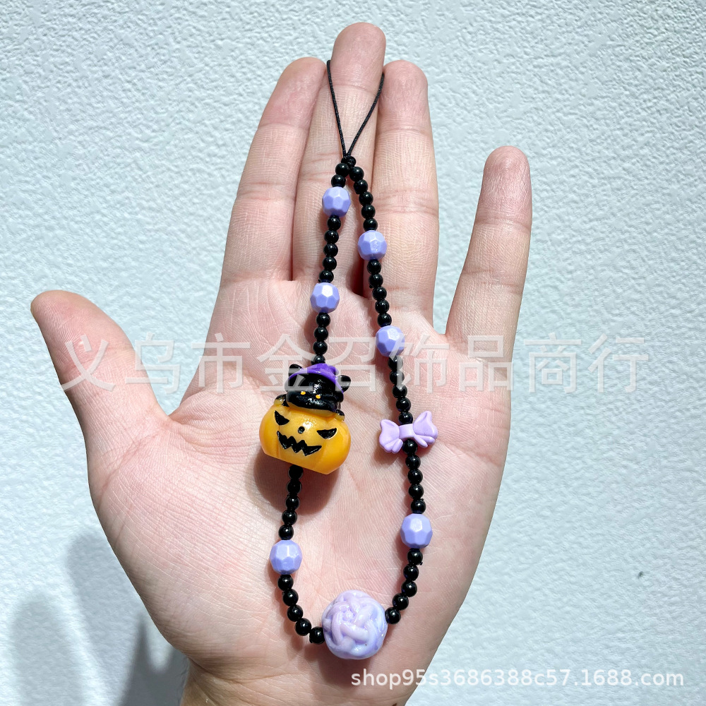 Halloween ins mobile phone chain Pumpkin ghost Skull Ghost face hand-painted mobile phone pendant, beaded keychain pendant pic 5