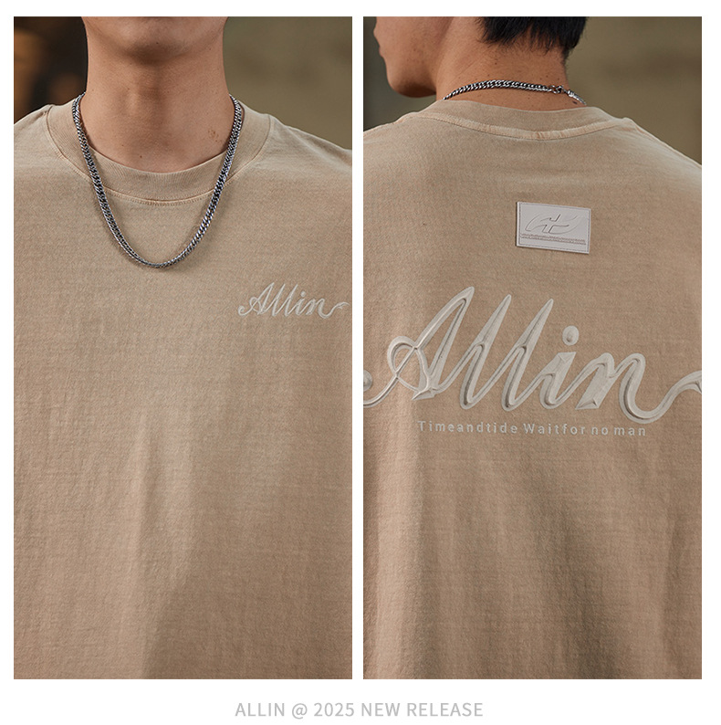 ALLIN pure cotton heavy-duty short-sleeved T-shirt for men, a summer trendy brand with three-dimensional printed letters and loose round-neck couple tops pic 32