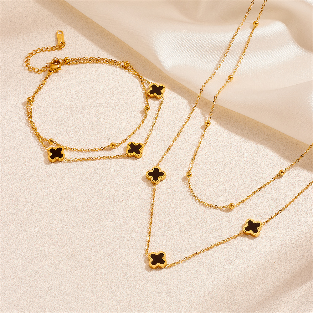 时尚钛钢四叶草双层手链项链套装 欧美不锈钢不掉色幸运项链手链详情1