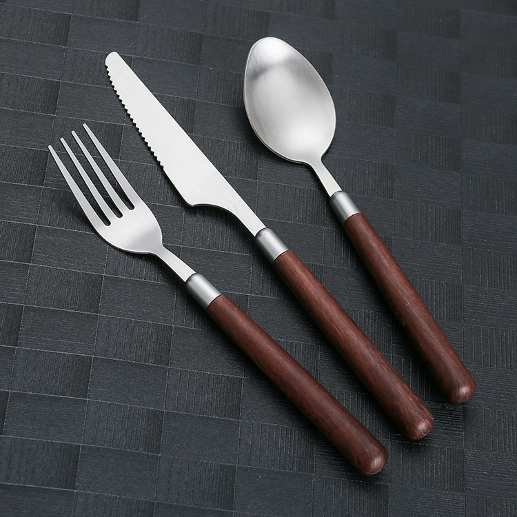 不锈钢刀叉勺餐具套装复古胡桃木柄家用西餐具牛排刀叉甜品勺叉子详情7