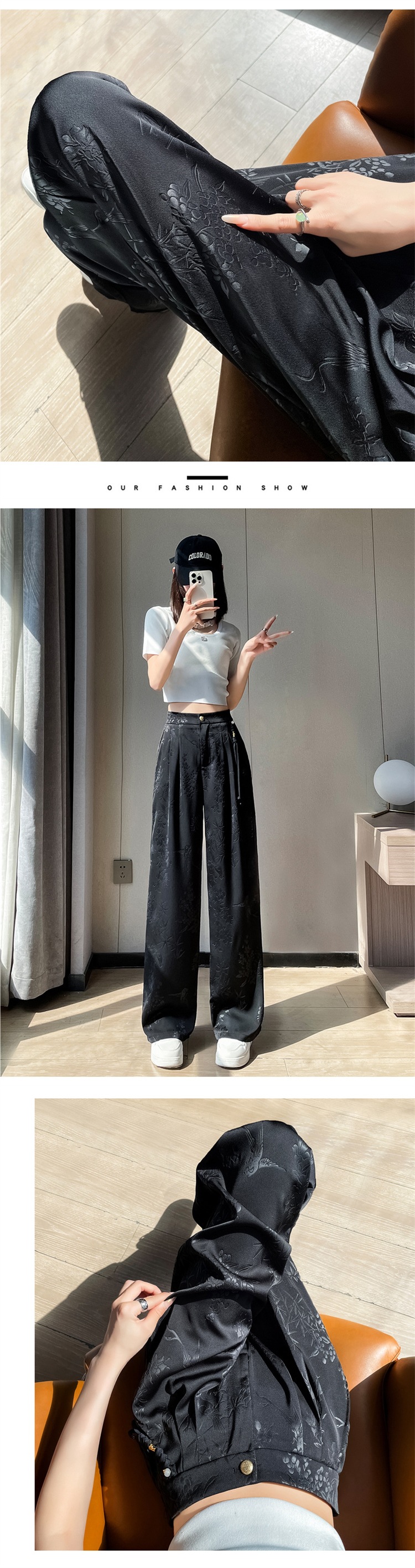 国潮黑色新中式提花缎面阔腿裤女春夏薄款高腰垂感直筒窄版冰丝西装裤详情15
