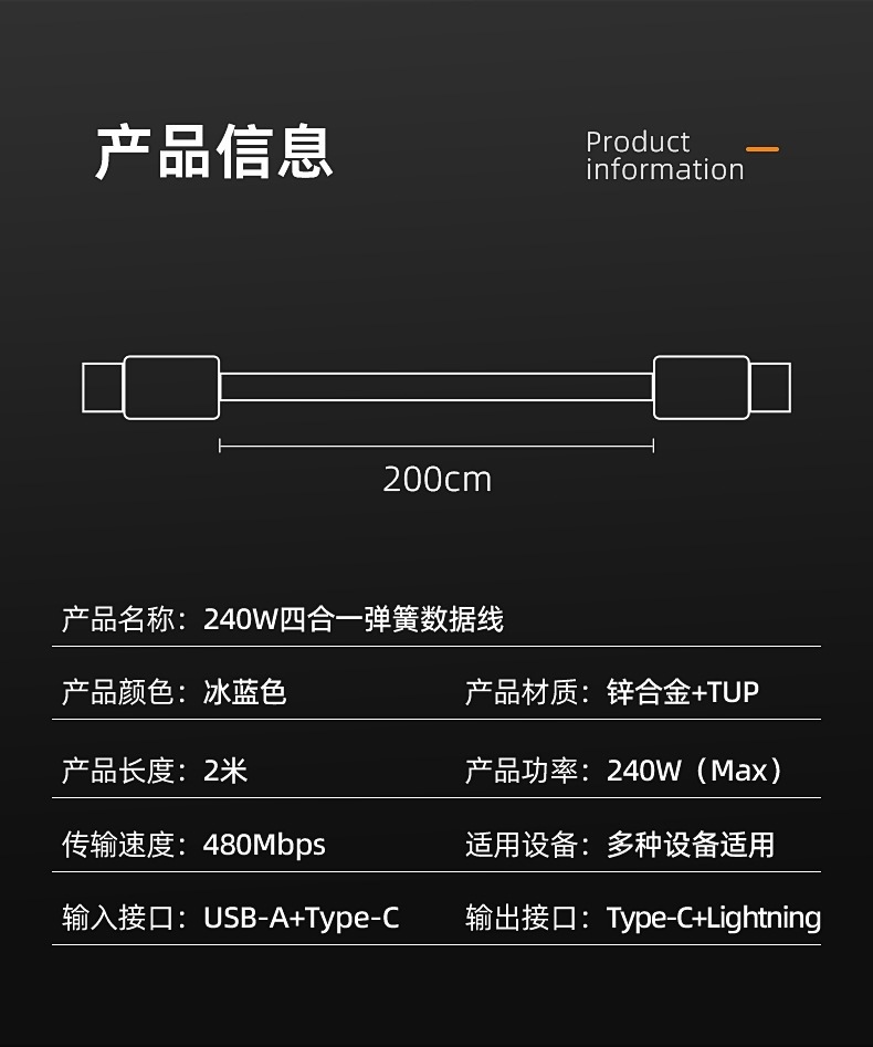 240W数据线四合一车载弹簧香薰发光数据线适用苹果华为type-c快充详情7