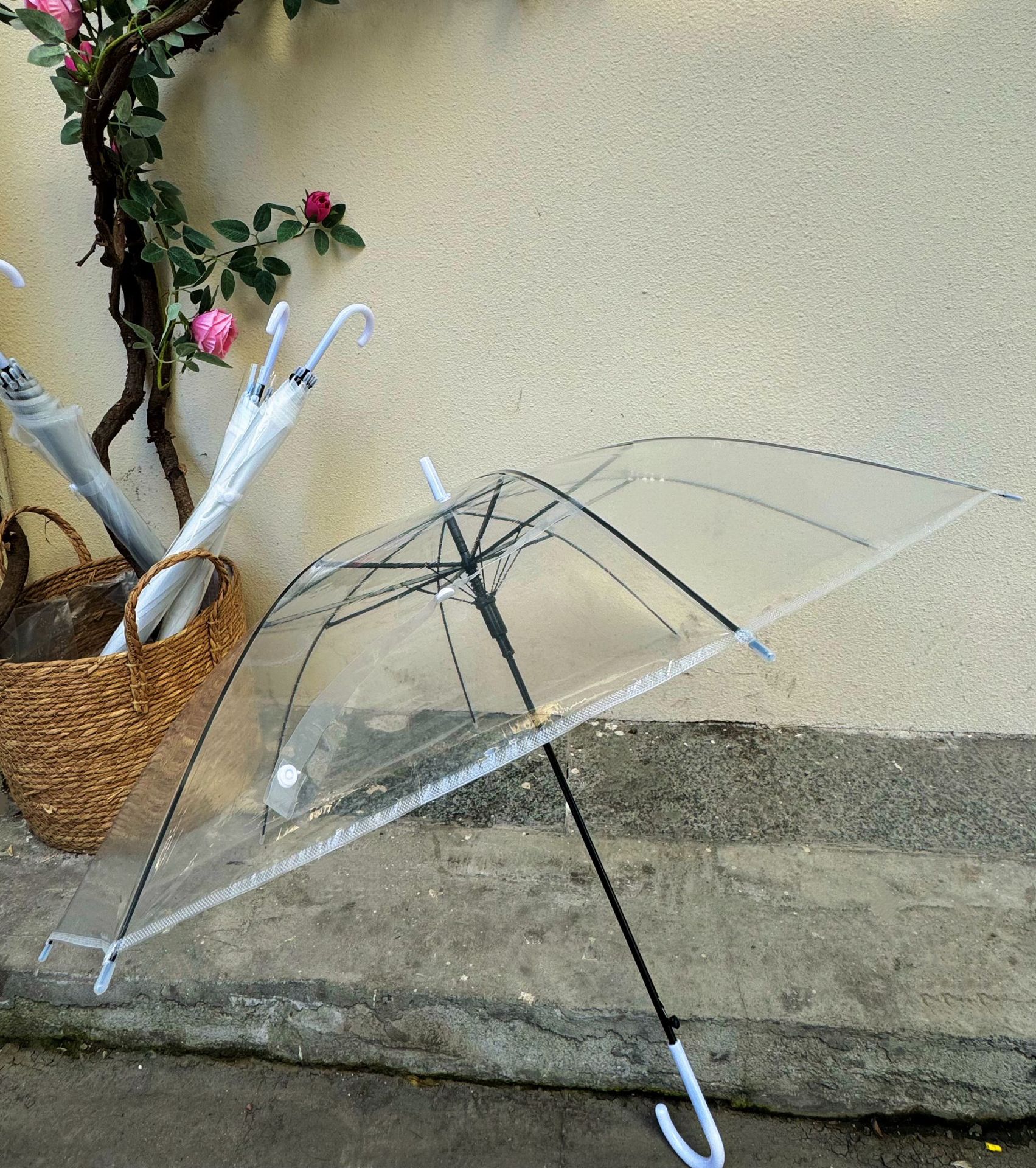 Rain Flower transparent disposable umbrella wholesale, long-handled automatic PVC plastic white high appearance level umbrella wholesale pic 8