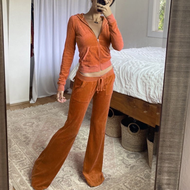 Solid color velvet slim sports suit zipper hood pic 16