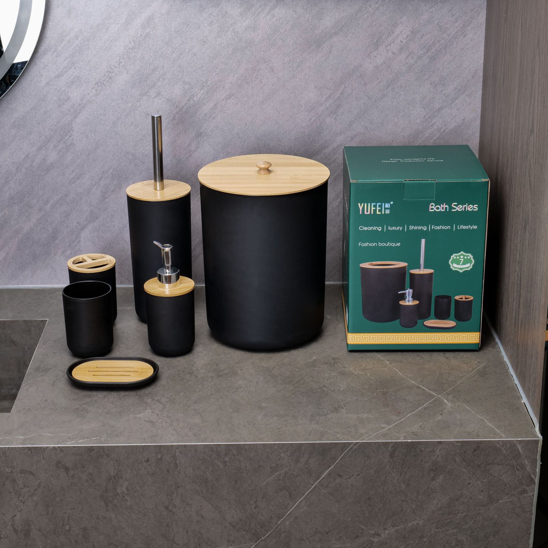 YUFEI跨境卫浴洗漱竹木六件套乳液泵牙刷杯肥皂盒北欧风简约套装详情4