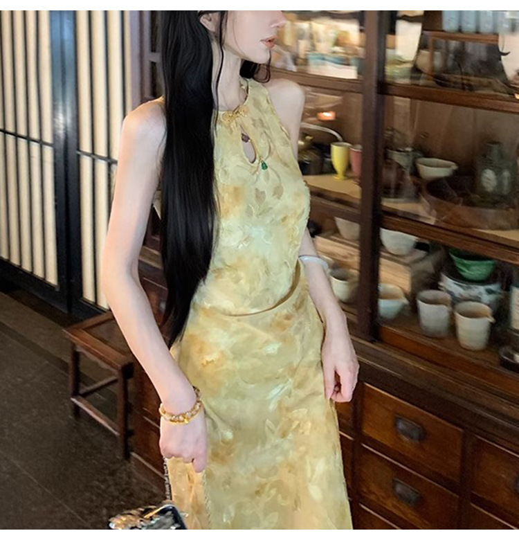 【 Spring Knowledge and Tangxin 】 New Chinese-style traditional Chinese cut-and-shoulder modified cheongsam mid-length dress, elegant printed long dress pic 12