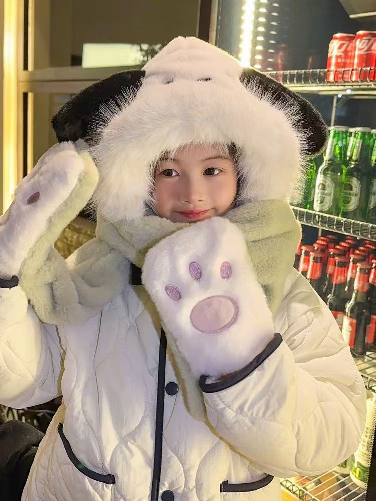 儿童款网红秋冬库洛米围巾帽子手套一体冬季毛绒可爱保暖加厚帽子详情7