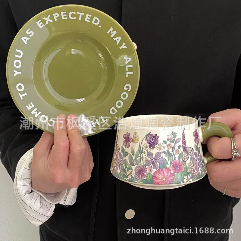 复古美式陶瓷杯碟中古风油画绿铃兰花咖啡杯碟赫本风下午茶马克杯详情7