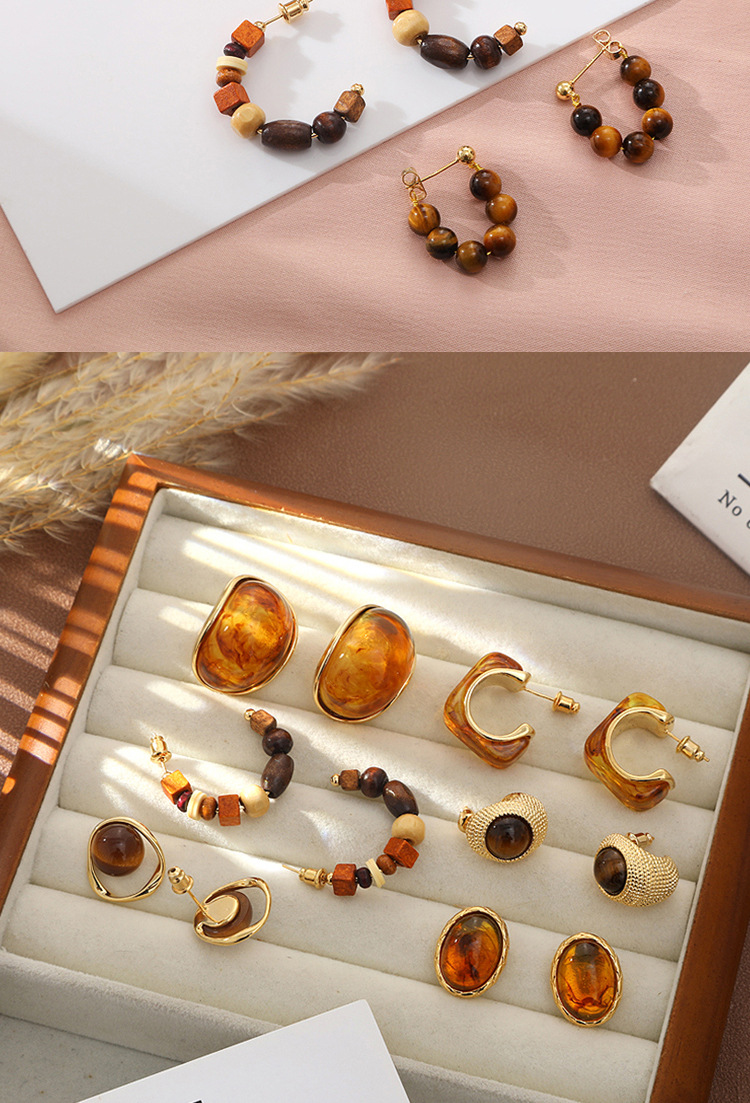 秋冬时尚百搭暖咖色系虎眼石耳环美拉德耳饰小众高级感耳钉女批发详情4