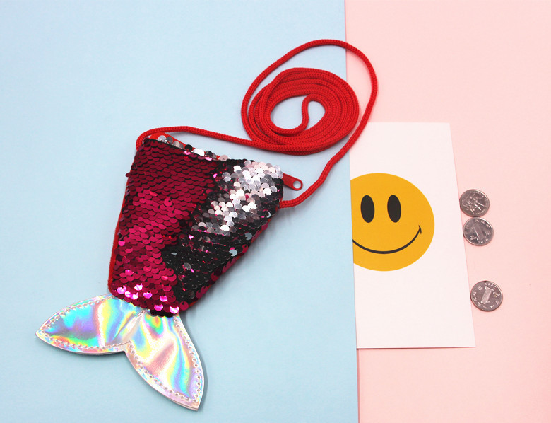 亮片美人鱼挂绳硬币包小钱包儿童斜跨小包鱼尾巴双色亮片零钱包女详情14