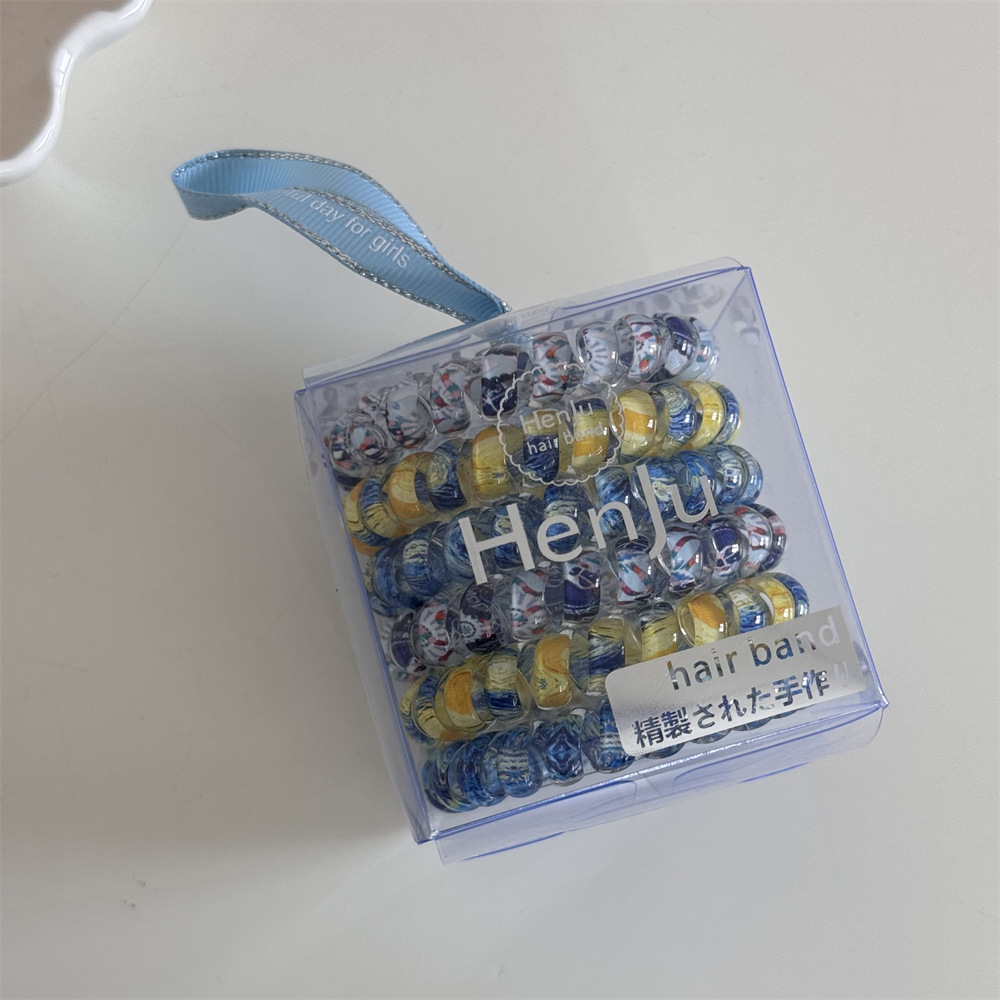 Floral, colorful, seamless telephone line hair tie, box-set hair band, new high-end style hair tie, high-elasticity rubber band headwear pic 12