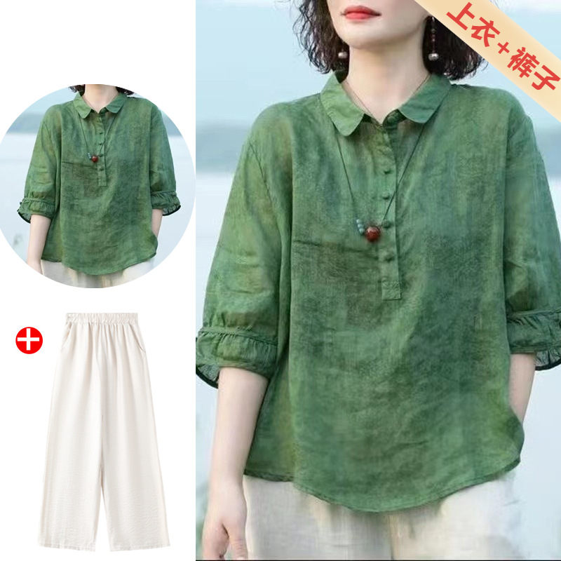 中老年女装绵绸套装妈妈款洋气2024春夏装新款中年女士衬衫两件套详情1