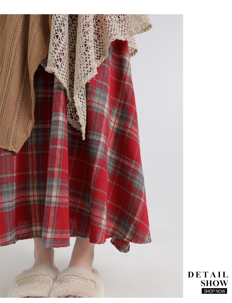 Forest-themed retro checkered skirt for women 2025 new autumn and winter design, irregularly pieced high-waisted A-line long dress pic 31