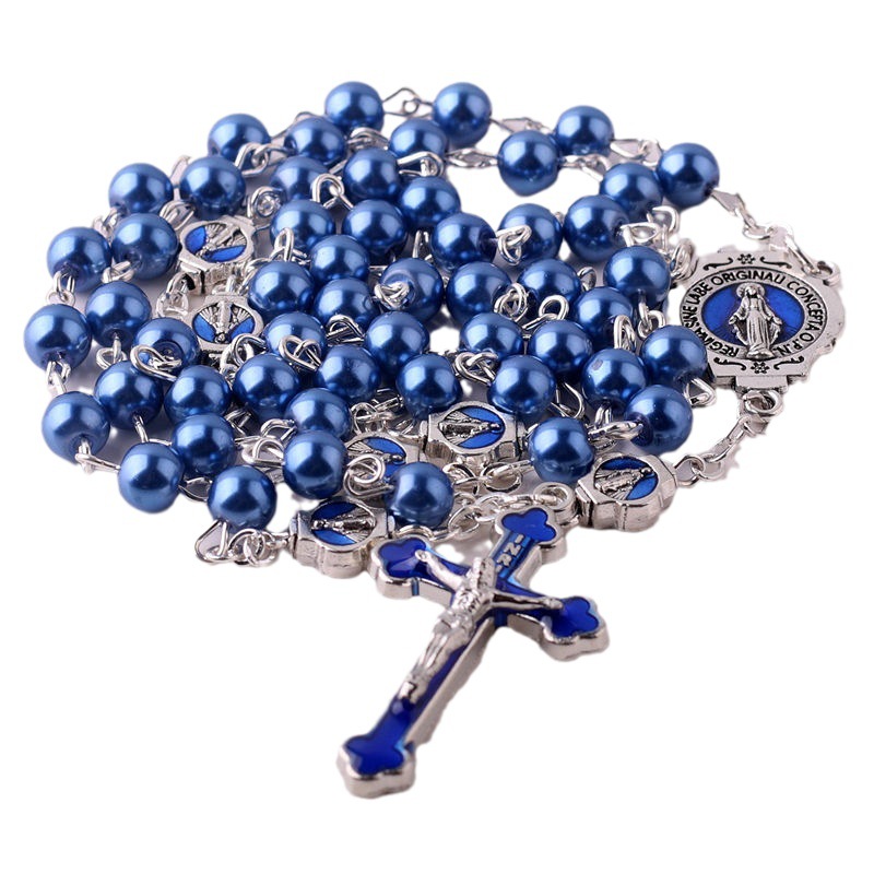 Cross-border Cross Necklace, retro royal blue alloy cross pendant Rosary Beads necklace pic 1