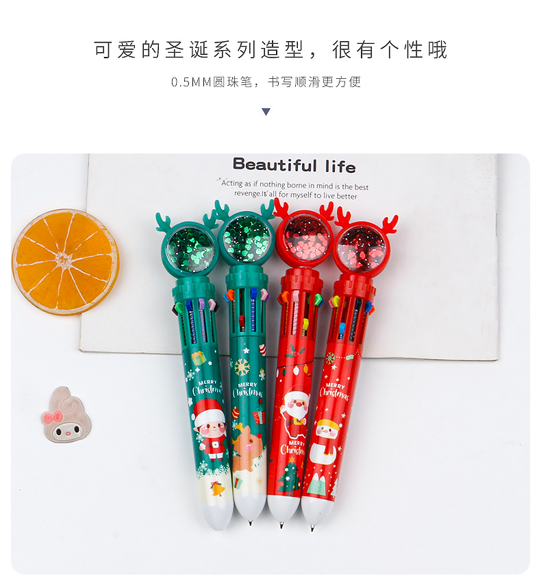 New Christmas card glitter Christmas reindeer snowman multi-color pen Creative planner pen 10-color press Ballpoint pen pic 9