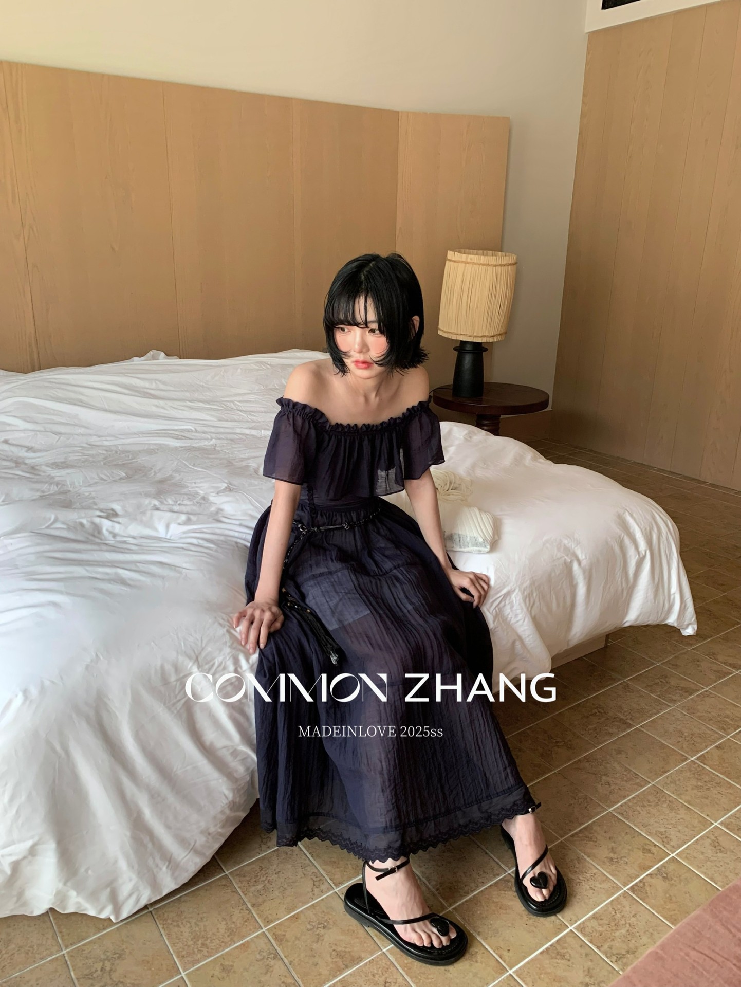 CZ ZHANG Summer French lace patchwork one-shoulder off-the-shoulder sexy slightly transparent texture dress for women B26857 pic 24