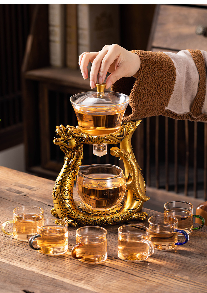 Dragon and Phoenix Presenting Auspiciousness Palace Light Bulb Teapot Semi-automatic Glass Lazy Person Tea Maker Household Magnetic Teapot Tea Maker Set pic 11