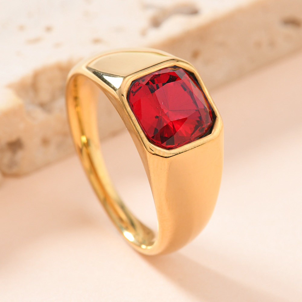 欧美跨境不锈钢铸造饰品男女通用 镶方形彩钻戒指镀18k金锆石戒指详情11