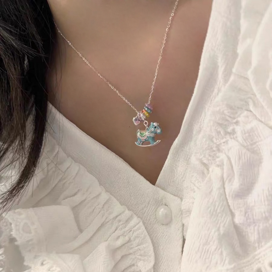S925 sterling silver Joyful Wooden Horse Necklace, enamel color playful collarbone chain, niche design silver necklace, high-end and light luxury for women pic 3