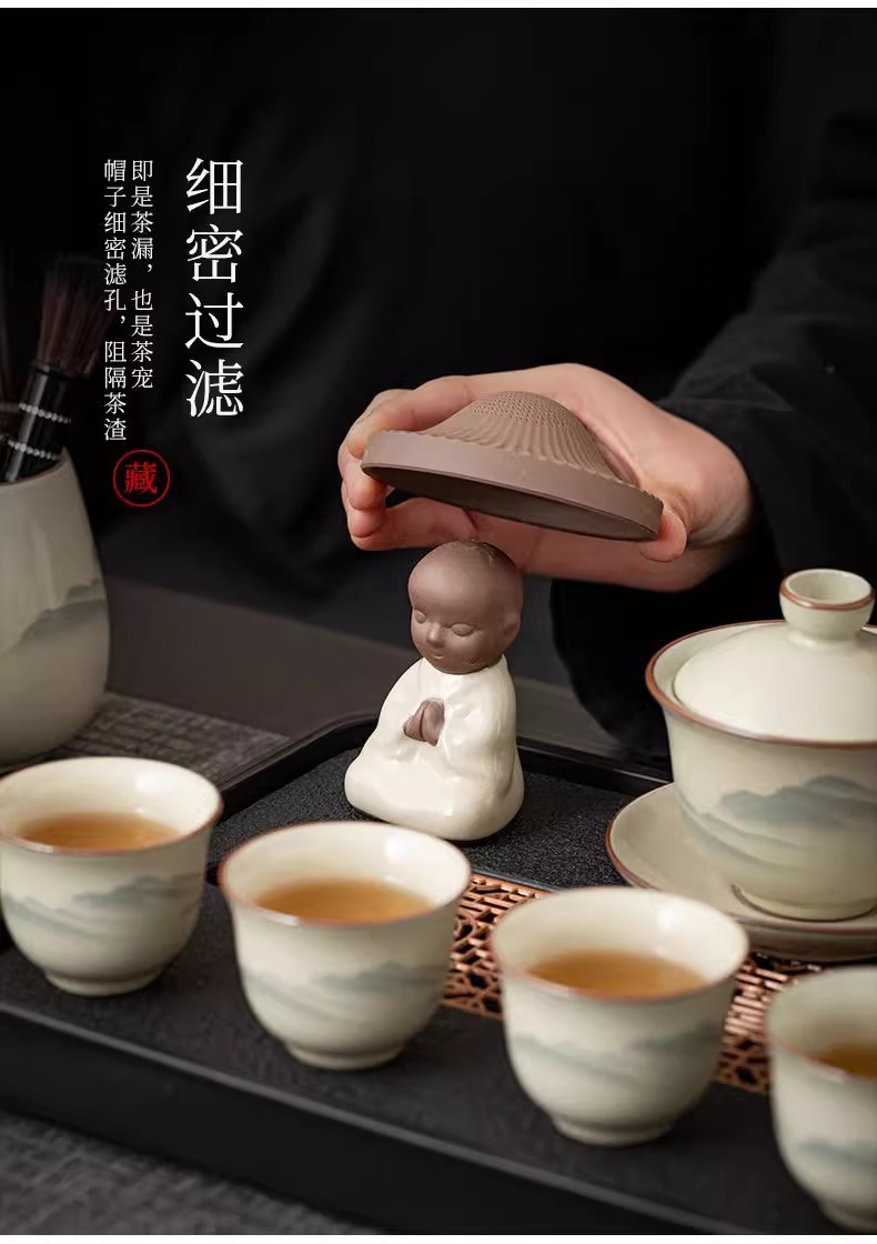 Ru Kiln Gongfu tea set, home living room ceramic tea pot, lid, bowl and tea cup complete set, office high-end tea brewing utensils pic 9