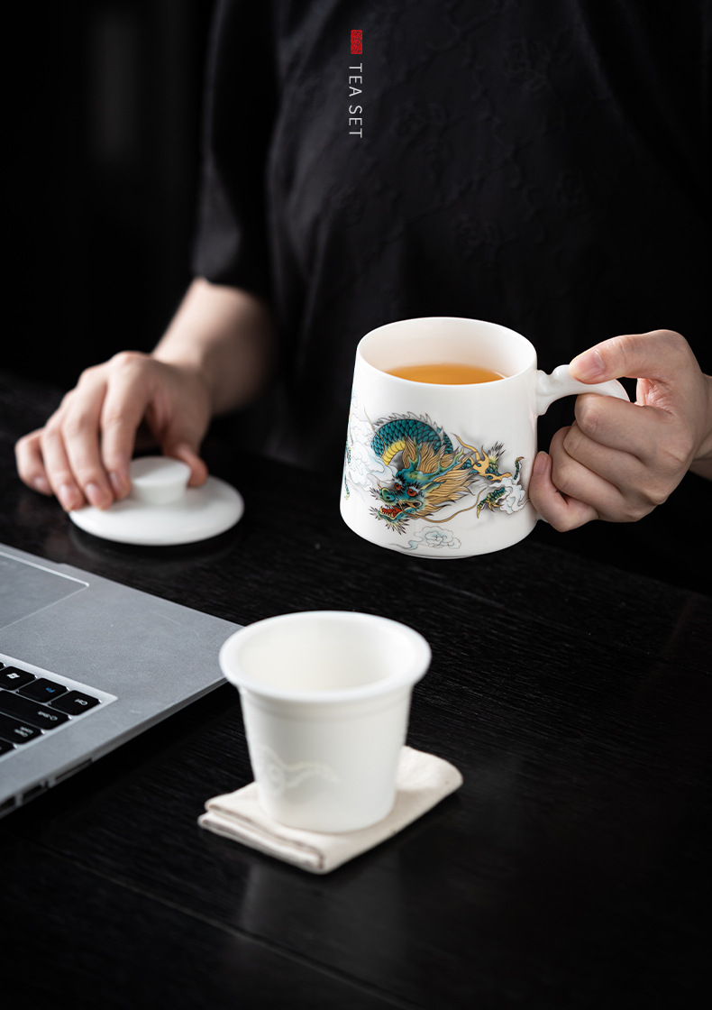 羊脂玉办公杯书房茶杯茶水分离白瓷马克杯水杯大容量陶瓷杯子过滤详情8