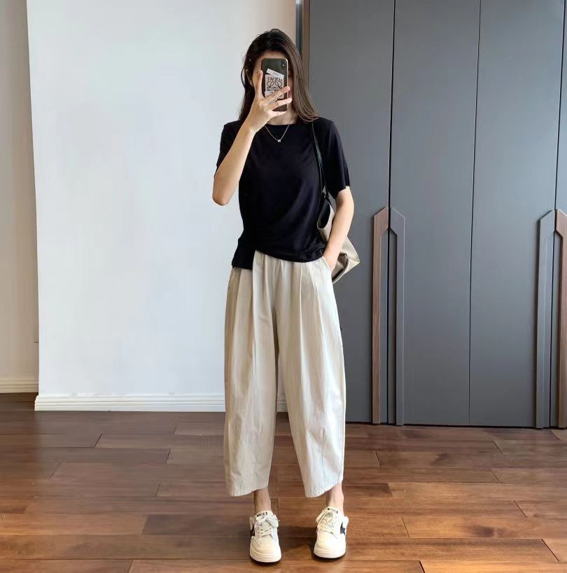 薄款阔腿九分裤女夏纯棉休闲直筒萝卜裤小个子日系显瘦宽松工装裤详情2