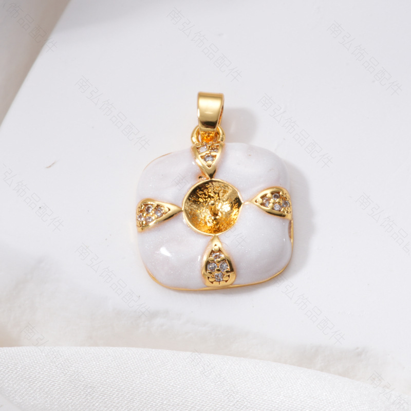 Pearl ring, earneedle pendant, three-piece set, empty stand, retro square oil drip design, DIY, light luxury, high-end style, flower pic 7