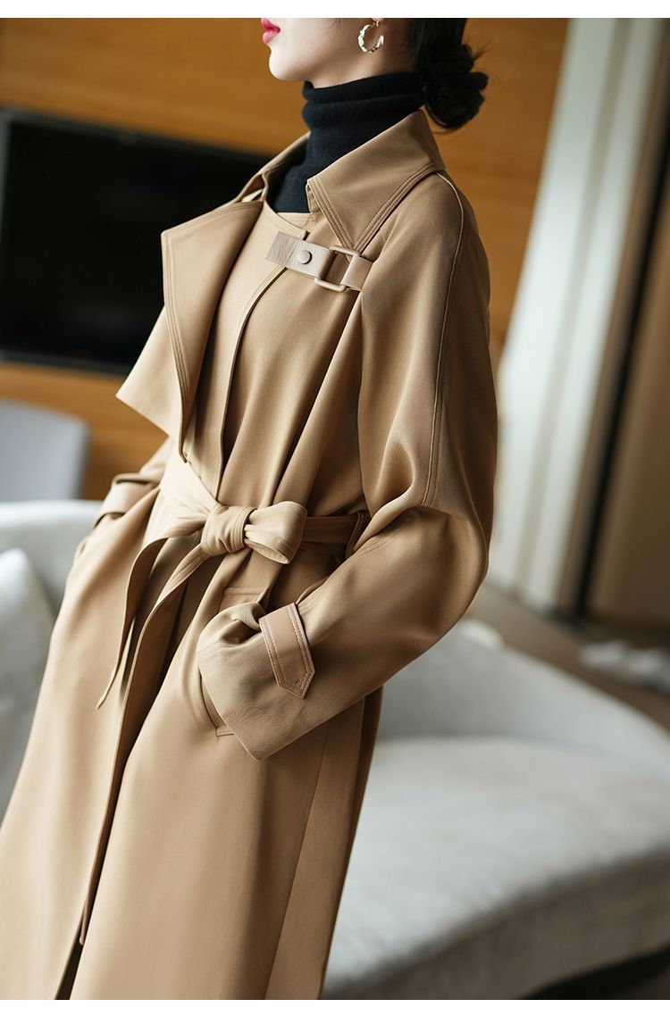 High-end and elegant long khaki trench coat for women in spring 2025, a loose, wrinkle-resistant and drape British style coat pic 11