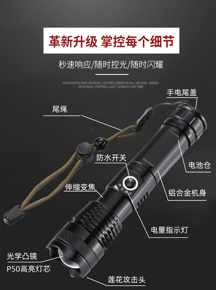 Cross-border P70 high-intensity flashlight led outdoor battery level display USB charging P50 high-intensity flashlight with charging pic 5