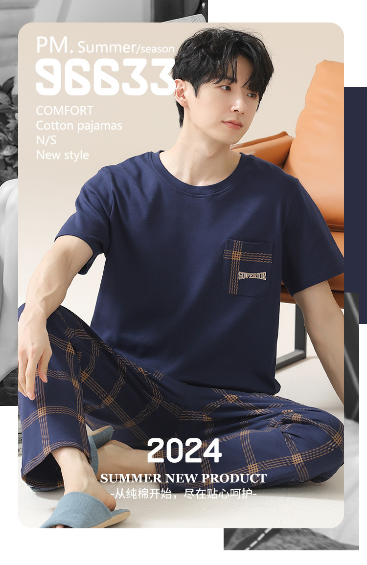 Summer pure cotton pajamas for men, cartoon casual short-sleeved shirts and long pants, pure cotton comfortable home wear, summer youth student set pic 1