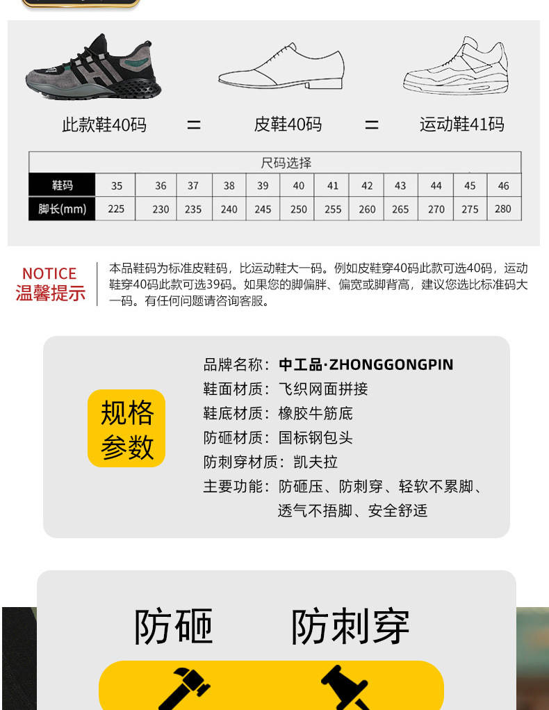 常规低帮款防砸防穿刺劳保鞋钢包头轻便透气工作安全鞋凯夫拉中底详情6