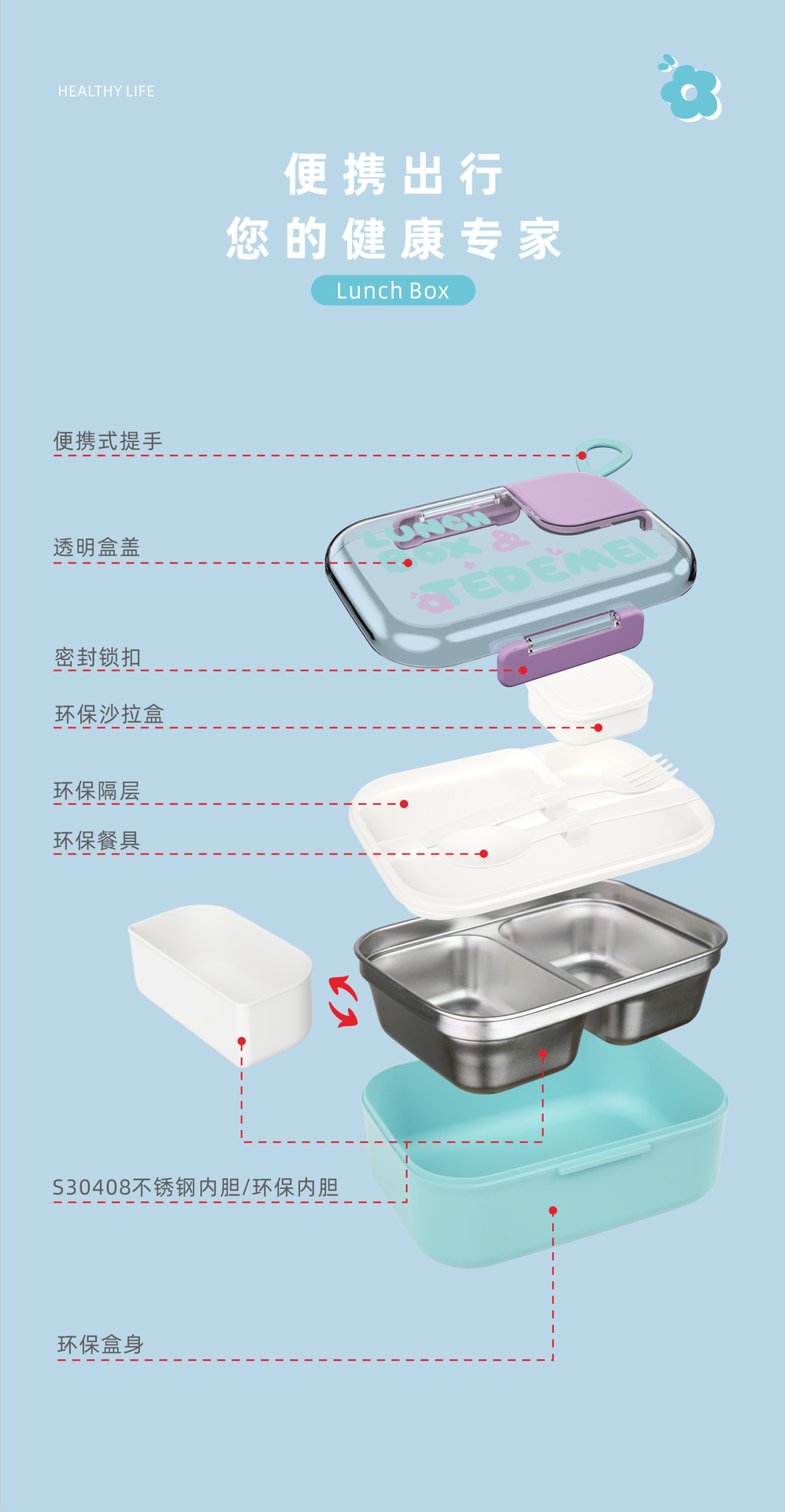 Lunch box for office workers, 304 lunch box, bento box, simple style, double-layer split format lunch box set, plate delivery service pic 9