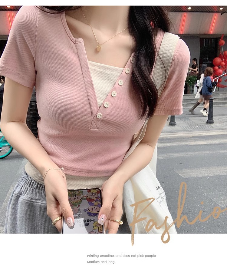 Pink V-neck off-the-shoulder T-shirt for women, short sleeve, new spring and summer style, two-piece design, slim and short, pure and sensual pic 5