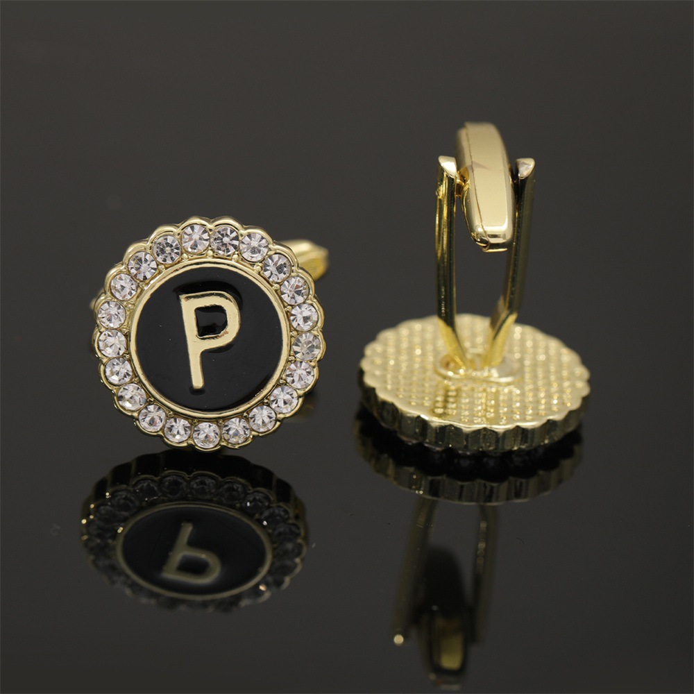 大写字母袖扣圆形镶钻袖钉合金滴油男士衬衫扣26英文字母A-Z配饰详情32