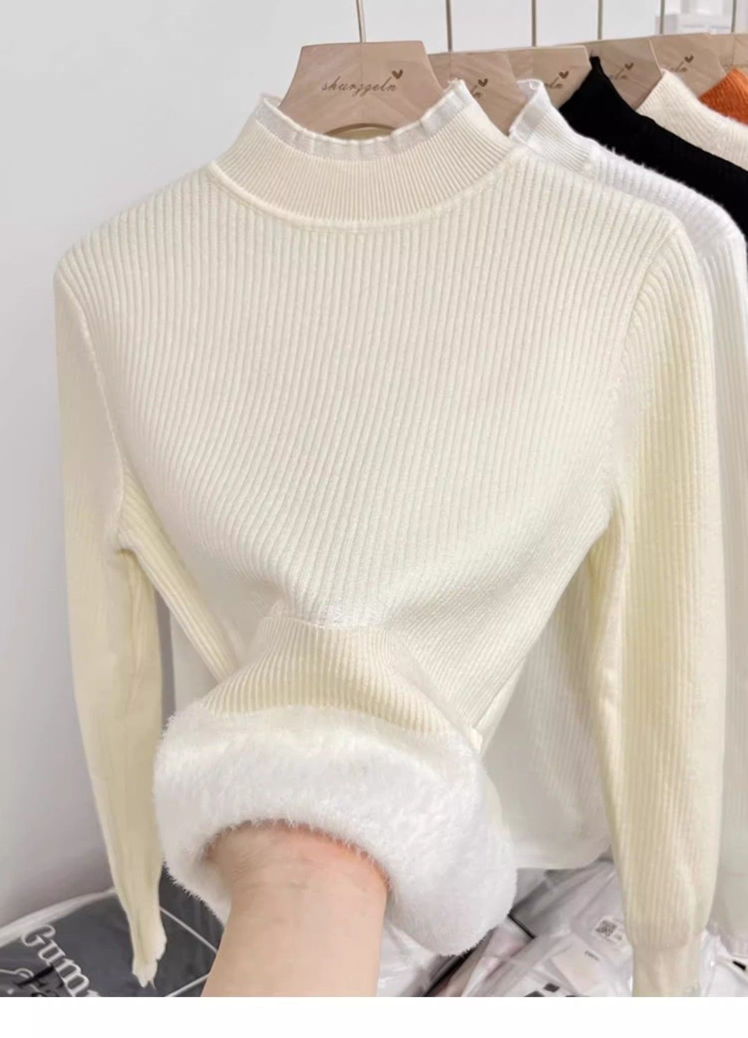 Autumn and winter semi-high neck with fleece lace one-piece fleece thickening 2024 new style black fungus knitted sweater base top sweater for women pic 6