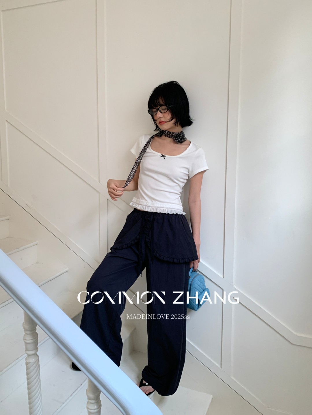 CZ ZHANG夏季韩版少女感减龄蝴蝶结拼接U领纯色天丝短袖T恤B20757详情15