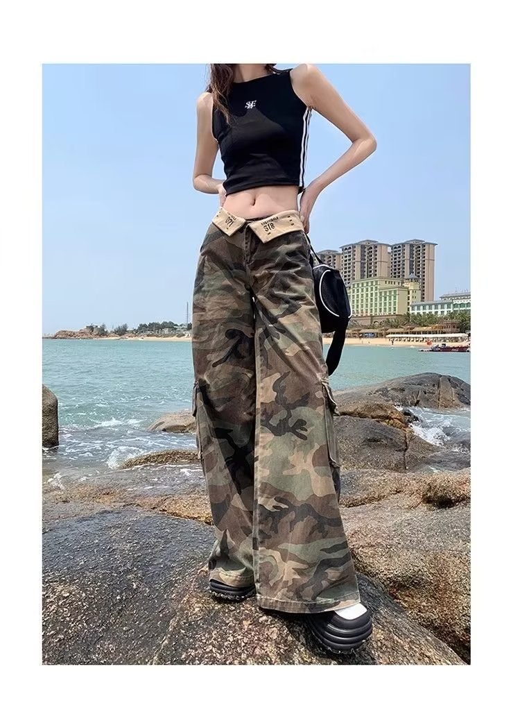 美式复古迷彩工装裤女2024夏季新款低腰高个子宽松垂感阔腿牛仔裤详情3