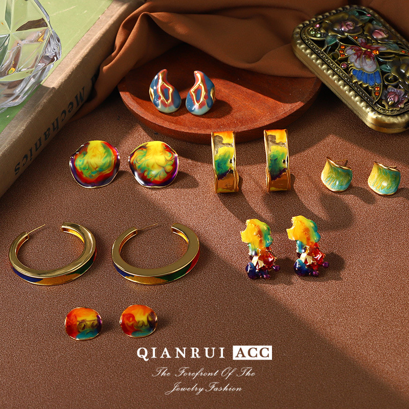 Retro high-end colored ear rings, enamel oil painting series earrings, Van Gogh Monet, niche fashion, versatile earrings for women pic 19