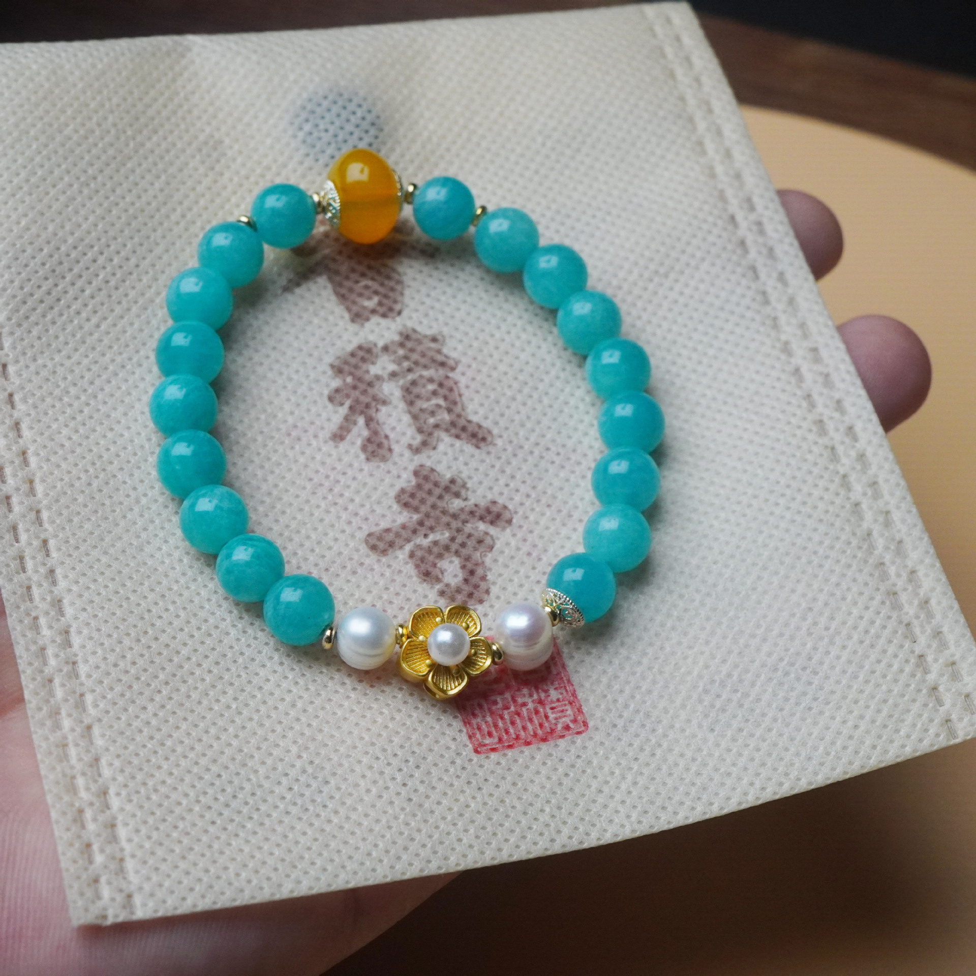 新款天河石手串蓝绿色圆珠搭配珍珠花朵手链女小众高级感手饰饰品详情3