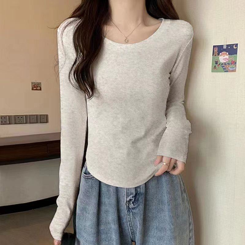 [95棉]纯棉正肩长袖T恤女 新款早秋设计感小众内搭薄款圆领打底衫详情6