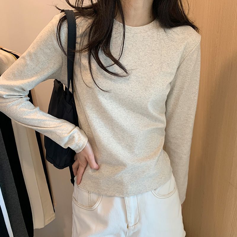 直播高品质圆领纯色打底衫女春秋新款叠穿内搭修身长袖t恤上衣详情2